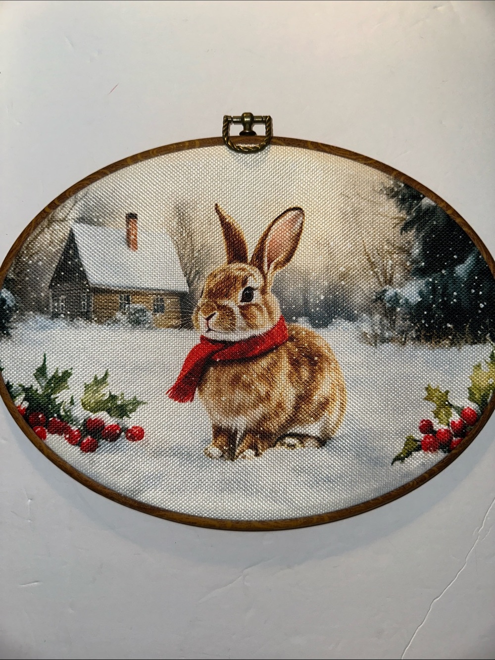Vintage Style Embroidered Bunny Wall Art - Brown Rabbit with Red Scarf